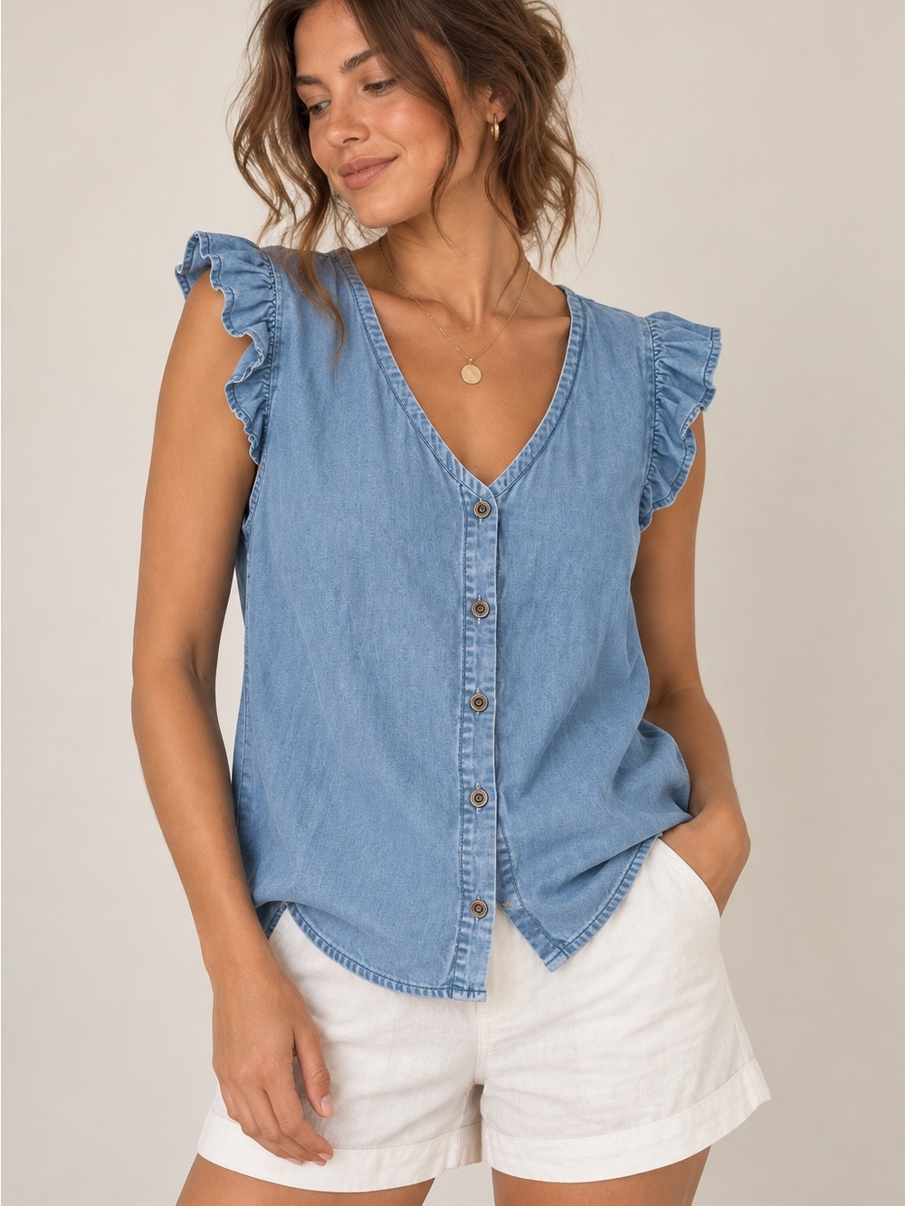 Jane & Delancey Chambray Ruffle Sleeve Button Front Top Large 100% Lyocell